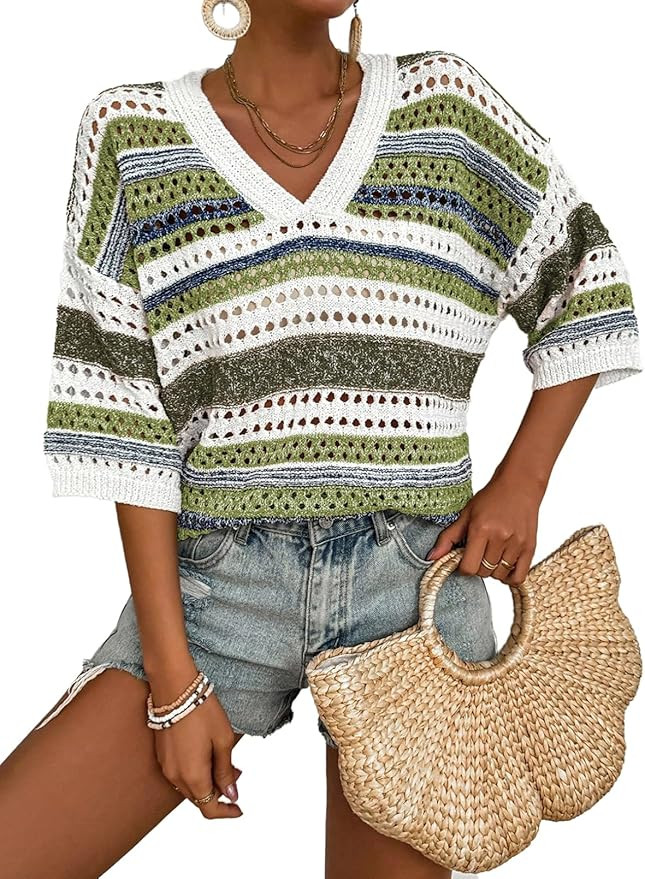 Acelitt Womens Short Sleeve Crochet Knit Sweater Hollow Out Striped Tops Beach Vacation Cruise Ou... | Amazon (US)
