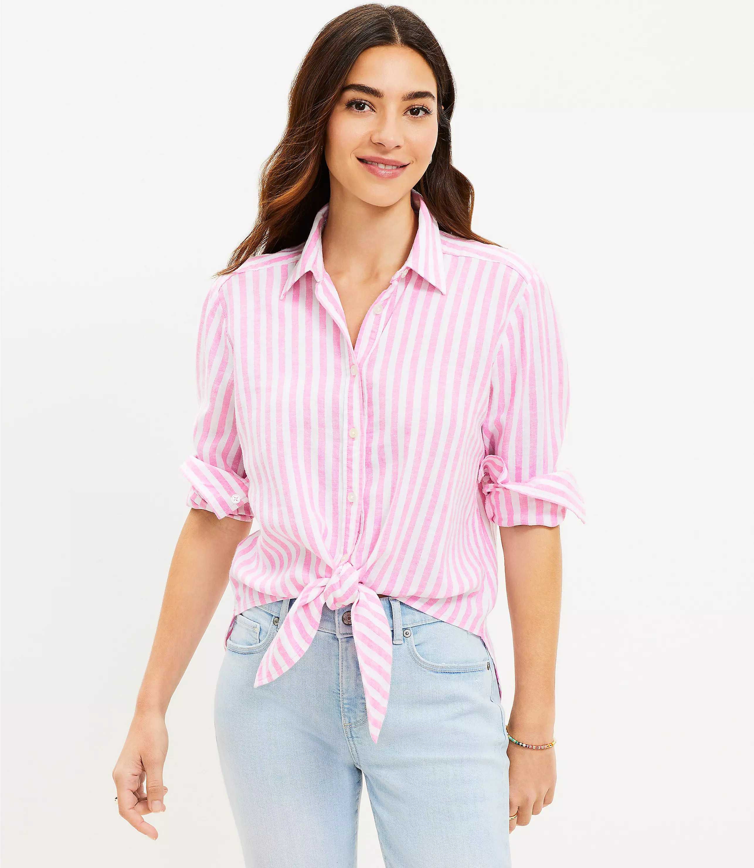 Striped Linen Blend Tie Front Everyday Shirt | LOFT