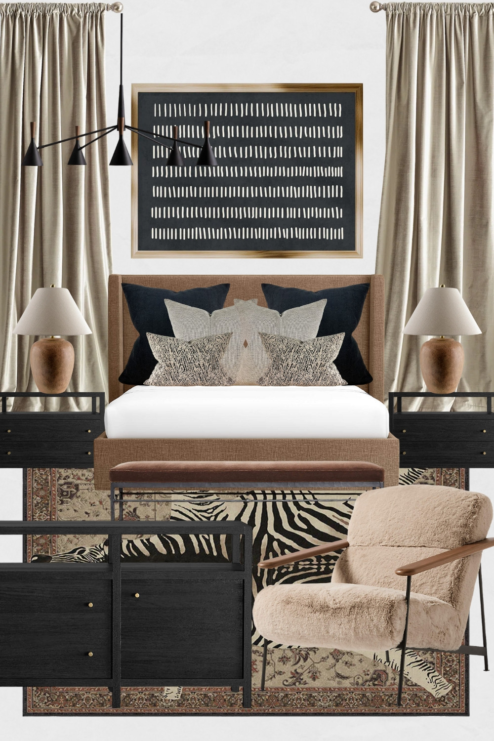 Brown and Beige Bedroom Moodboard, Black Dresser and Black Nightstands, Leather Brown Bed, Transitional Brown Bedroom Design, Transitional Bedroom Decor, Brown Traditional Rug, Black Wall Art

#homedecor #bedroomdesign #bedroomdecor #brownbedroom #transitionalbedroom #modernbedroom 

 #LTKHome #LTKSaleAlert