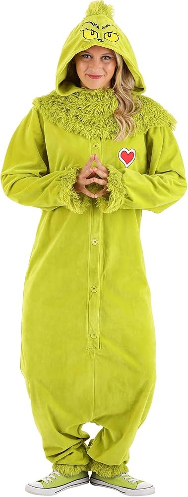 Dr. Seuss The Grinch Costume for Adults, Grinch Jumpsuit with Hood, Furry Green Monster Onesie Ou... | Amazon (US)