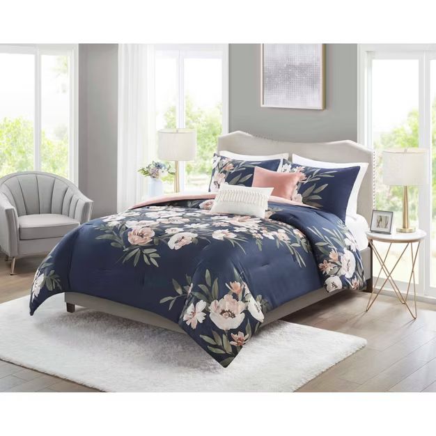 Leilani Floral Print Comforter Bedding Set Navy/Blush | Target