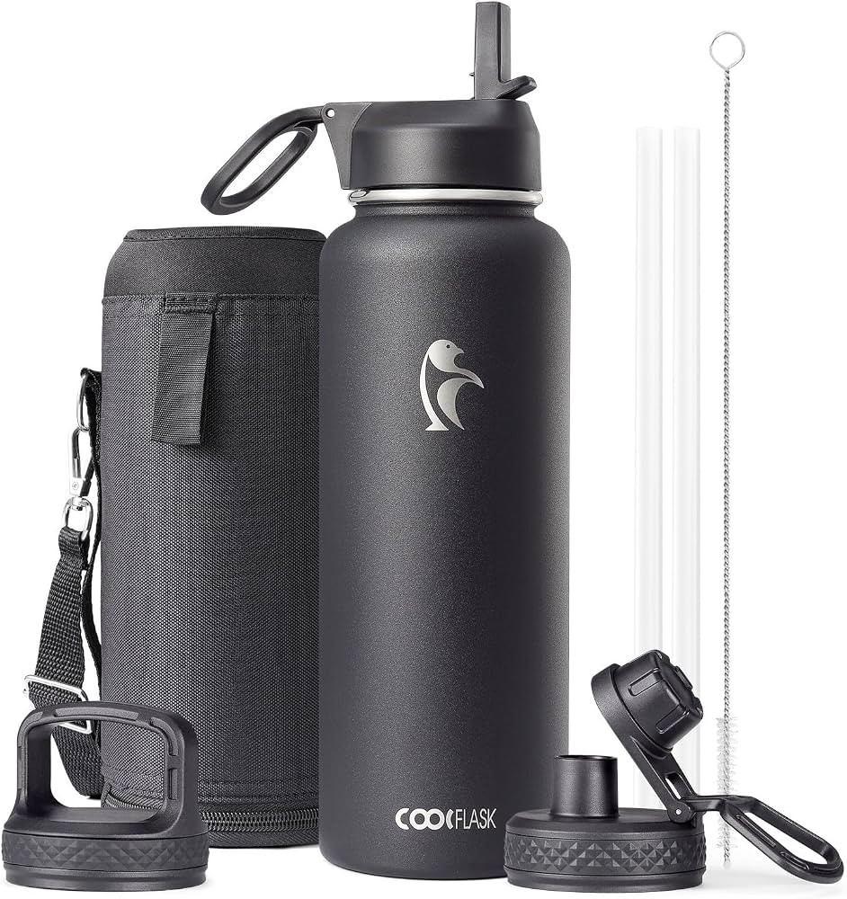 Water Bottle 40 oz Insulated with Straw&Brush, Coolflask Vaccum Stainless Steel Metal 3 Lids Wate... | Amazon (US)