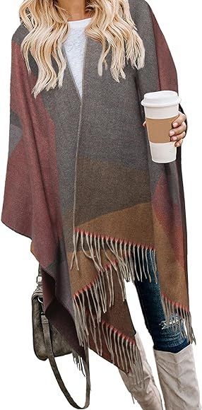 Bestshe Women's Stylish Open Front Knitted Poncho Boho Plaid Shawl Wrap Cape Cardigan Sweater | Amazon (CA)