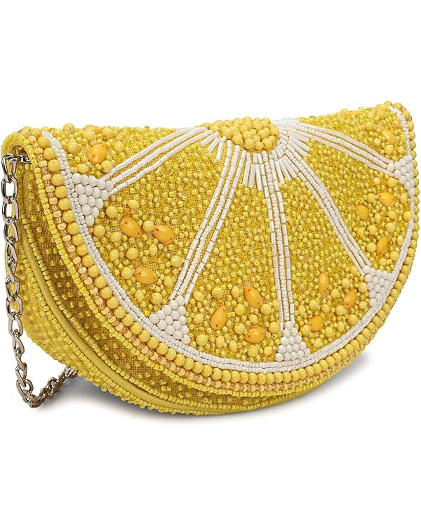 LONGING TO BUY Beaded Lemon Slice Clutch Purse, Yellow Evening Bag with Chain Strap, Novelty Frui... | Amazon (US)