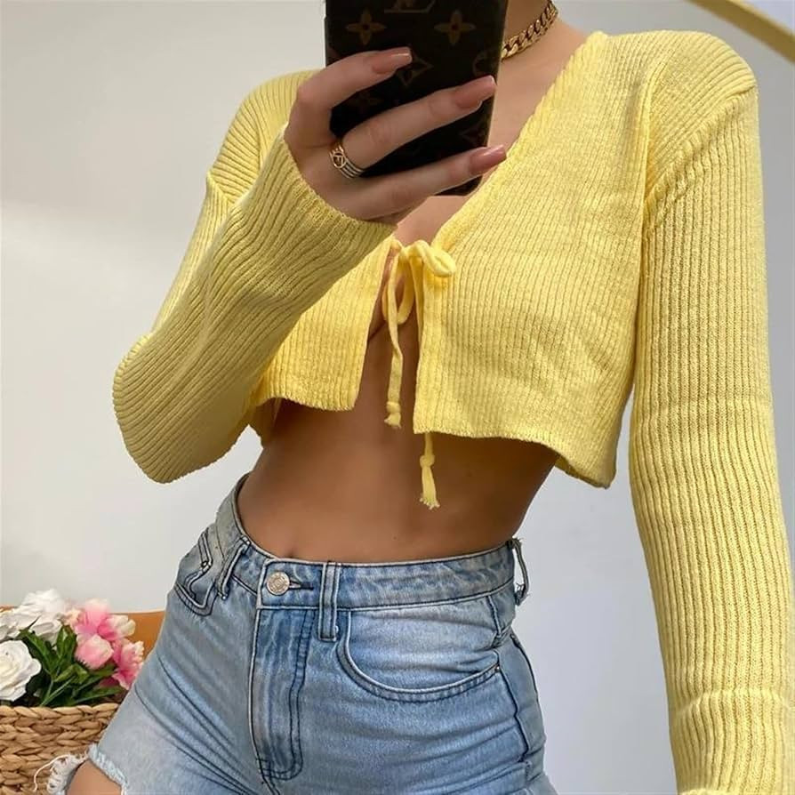 Autumn and Winter Women's Sweater Long Sleeve Slim Fit Short Lace up Knitted Cardigan Top (Color ... | Amazon (US)