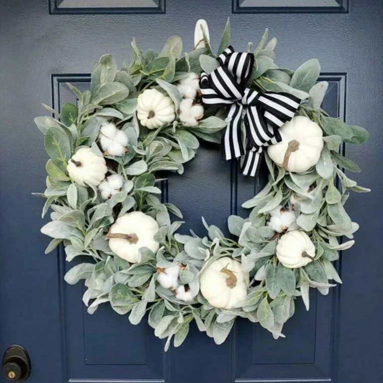 16 inch Farmhouse Fall Wreath Decoration for Front Door with White Pumpkin, Lamb's Ear and Eucaly... | Walmart (US)