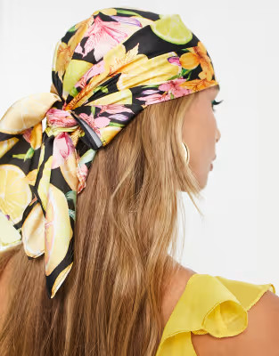 ASOS DESIGN recycled polysatin medium headscarf in fruit print | ASOS (Global)