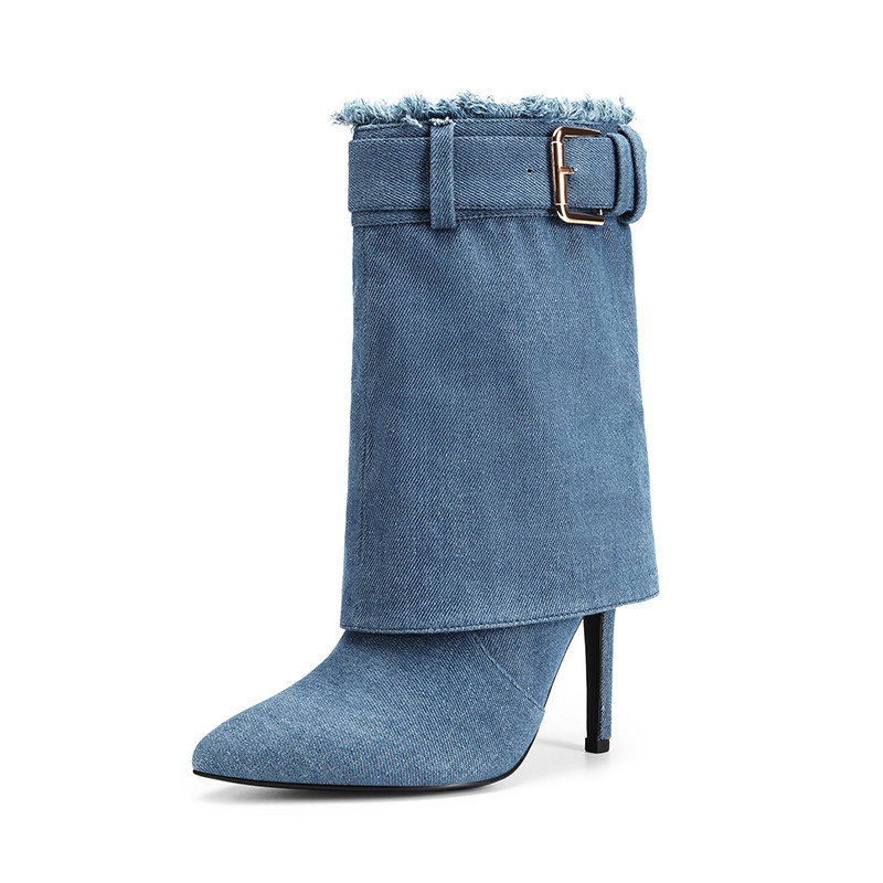 Denim Buckle Strap Stiletto Heel Boots | Dream Pairs