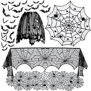 5pack Halloween Decorations Tablecloth Runner Black Lace Round Spider Cobweb Table Cover Fireplac... | Amazon (US)