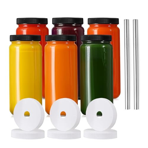 CLQLC Glass Juice Bottles with lids, 6 Pack with 2 Straws & 6 Lids with Hole- 16 oz Travel Drinking Jars,Juicing bottles Reusable Glass Mason Jar for Juice,Bubble Tea, Smoothie, Tea, Kombucha | Amazon (US)