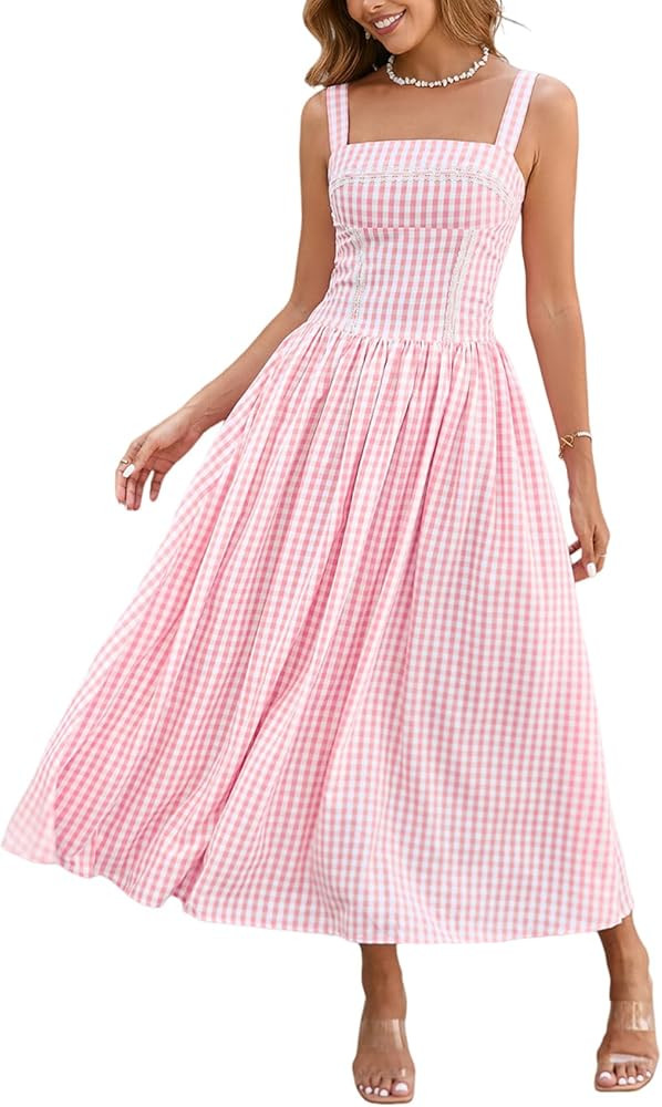 XinFSh Women's 2025 Summer Boho Midi Dress Plaid Square Neck Smocked Dresses Casual Flowy Beach V... | Amazon (US)