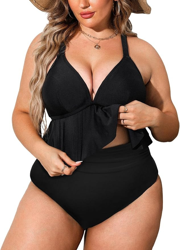 CUPSHE Women Swimsuit Plus Size Bikini Set Two Piece Bathing Suit V Neck High Waisted Flowy Ruffl... | Amazon (US)