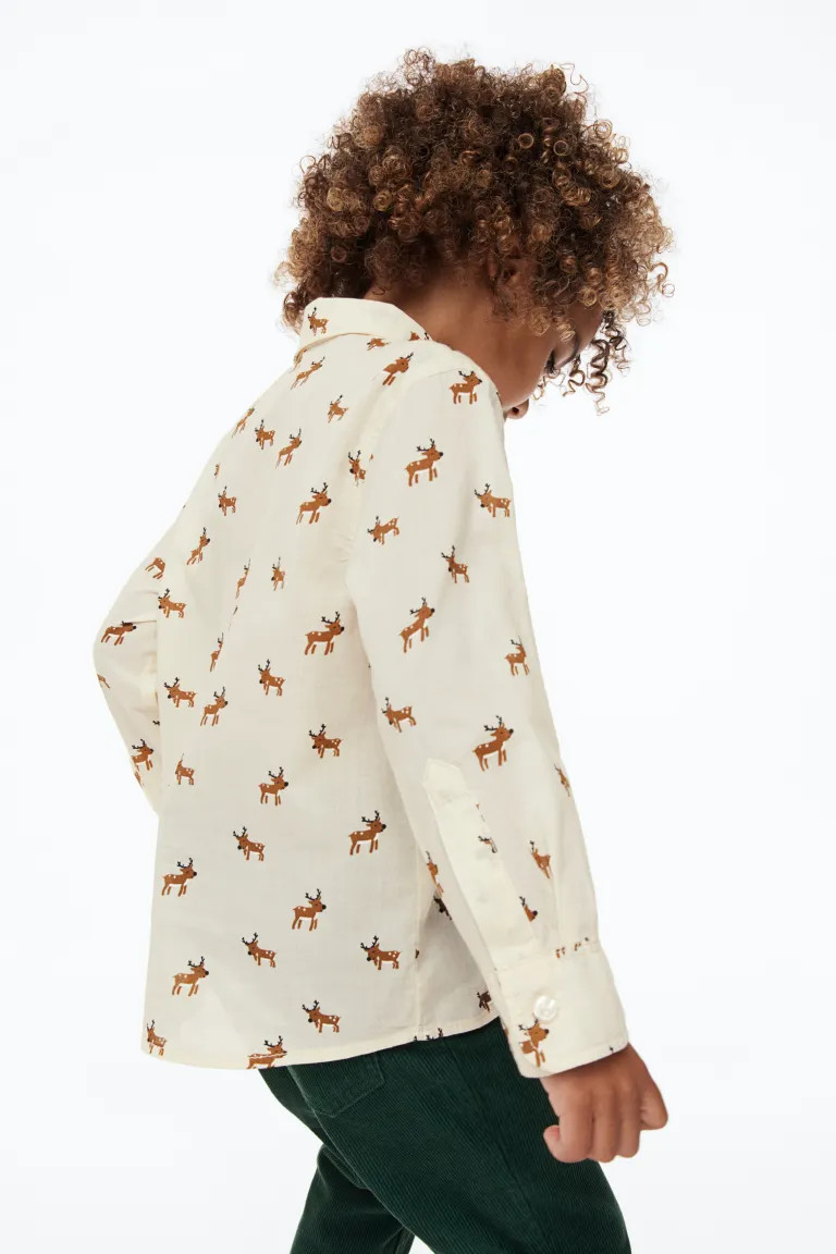 Patterned Cotton Shirt - Light beige/reindeer - Kids | H&M US | H&M (US + CA)