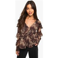 Leopard Ruffle Chiffon Blouse | PrettyLittleThing US
