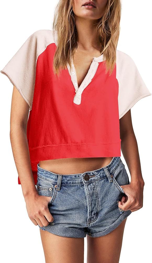 Panadila Womens Short Sleeve Tops Crop Henley Shirts Color Block Tee Shirts Casual Summer Tops Cu... | Amazon (US)