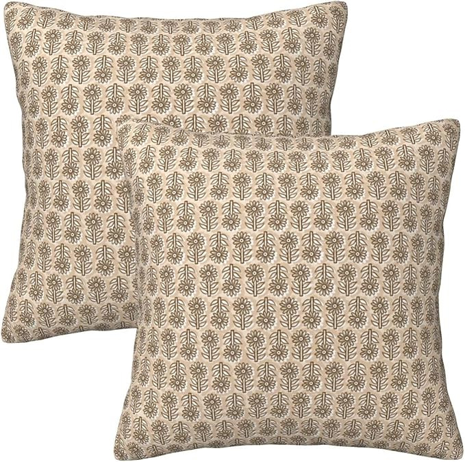 HOSTECCO Block Print Throw Pillow Covers 20x20 inch Set of 2 Vintage Cream Beige Floral Pillow Ca... | Amazon (US)