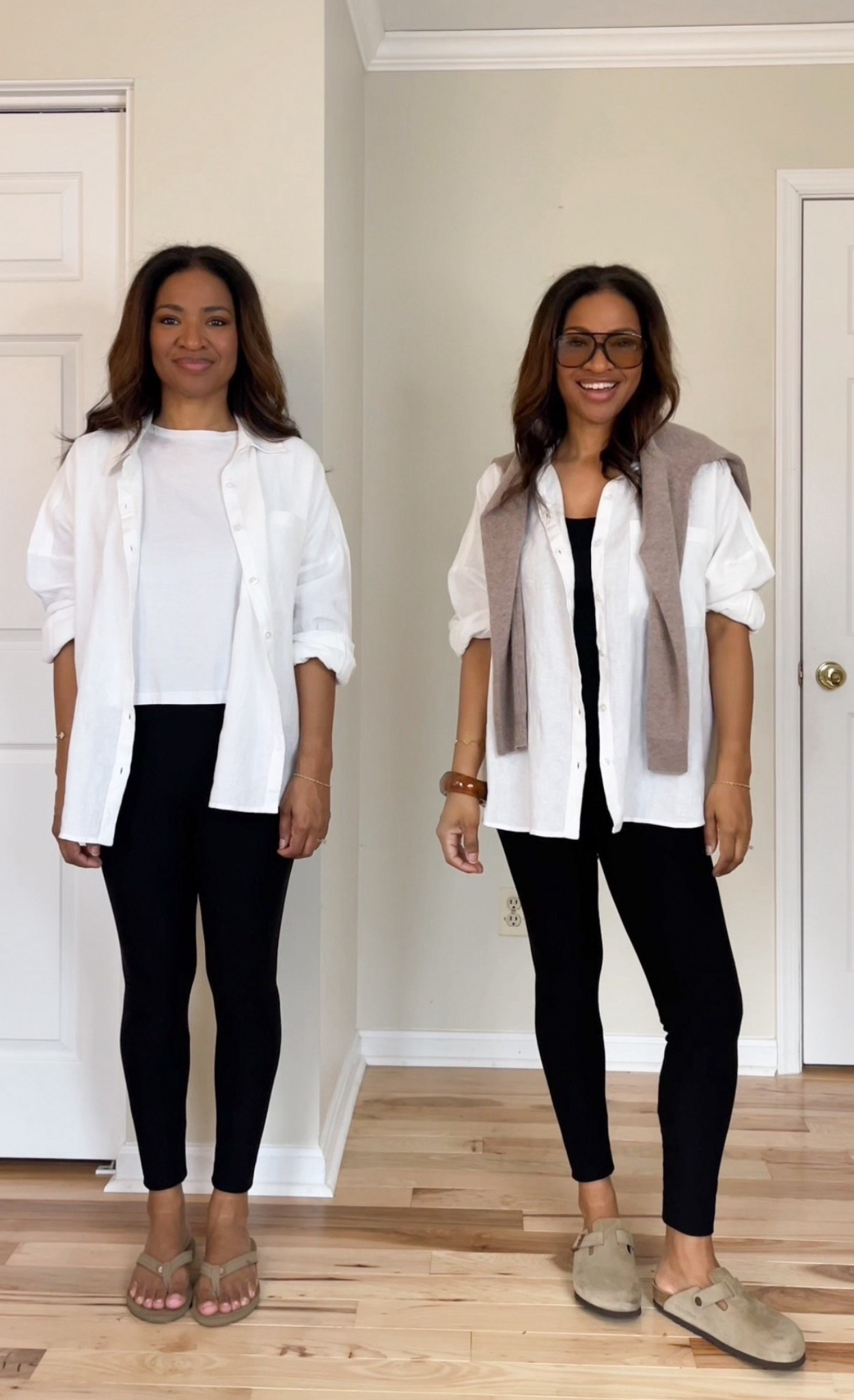 I am wearing an oversized button down, but I am linking similar ones since mine I believe is out of stock I would stay true to size because they are normally oversized anyway. I am wearing my Walmart leggings. They’re super soft. They have no compression. They’re very basic leggings, but they’re nice and soft and I love them and I’m wearing them in a size small.