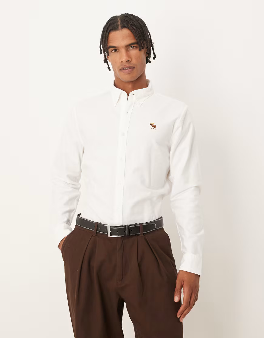 Abercrombie & Fitch long sleeve icon logo oxford shirt in white-Black | ASOS (Global)