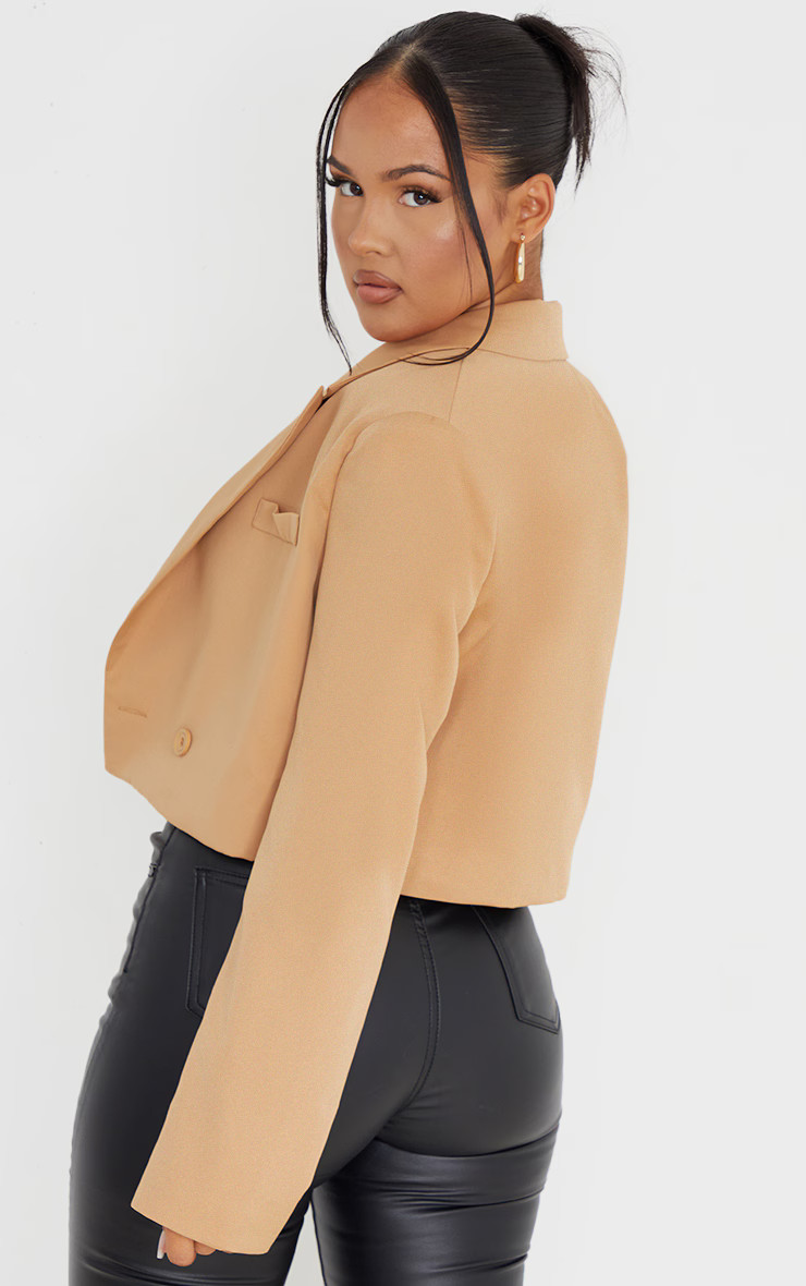 Camel Woven Cropped Shoulder Padded Blazer | PrettyLittleThing US