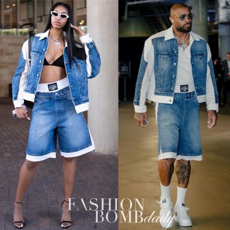  #whoworeitbetter ? Both @angelreese5 and @pjtucker have been spied in this denim @jeanpaulgaultier ensemble ($970 paneled denim jacket and $840 matching shorts). While #angelreese wore the set with a bra top, heels, and white sunglasses, #pjtucker wore his with a white tee and sneakers. Both look 💣, but #wwib? Let us know below and shop the look at the link in bio!
📸 IG/Reproduction/ @ammarmultani via @leaguefits #angelreesefbd #pjtuckerfbd