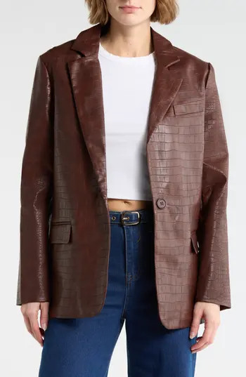 Vigoss Croc Embossed Faux Leather Blazer in Chocolate at Nordstrom Rack, Size X-Small | Nordstrom Rack