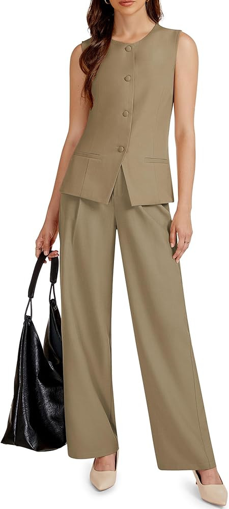 Casly Lamiit Women's 2 Piece Outfit Spring 2026 Sleeveless Suit Vest and Wide Leg Pants Business ... | Amazon (US)