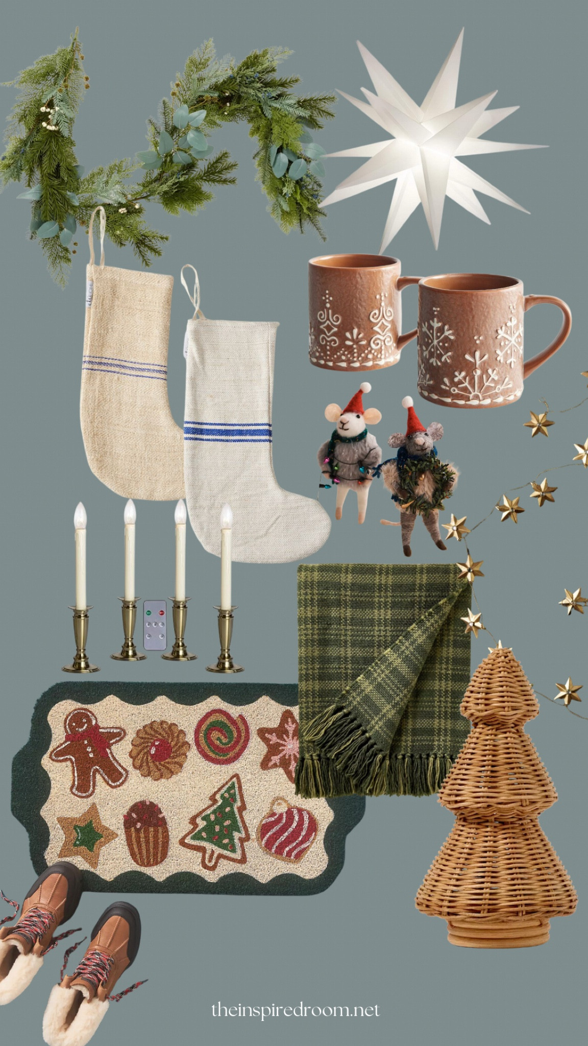 Christmas decor -  grain sack stockings, gingerbread mugs, green plaid throw blanket, rattan tree, cookie doormat, gold window candles, felt animals, white moravian star, garland 

#LTKHome #LTKHoliday #LTKSeasonal