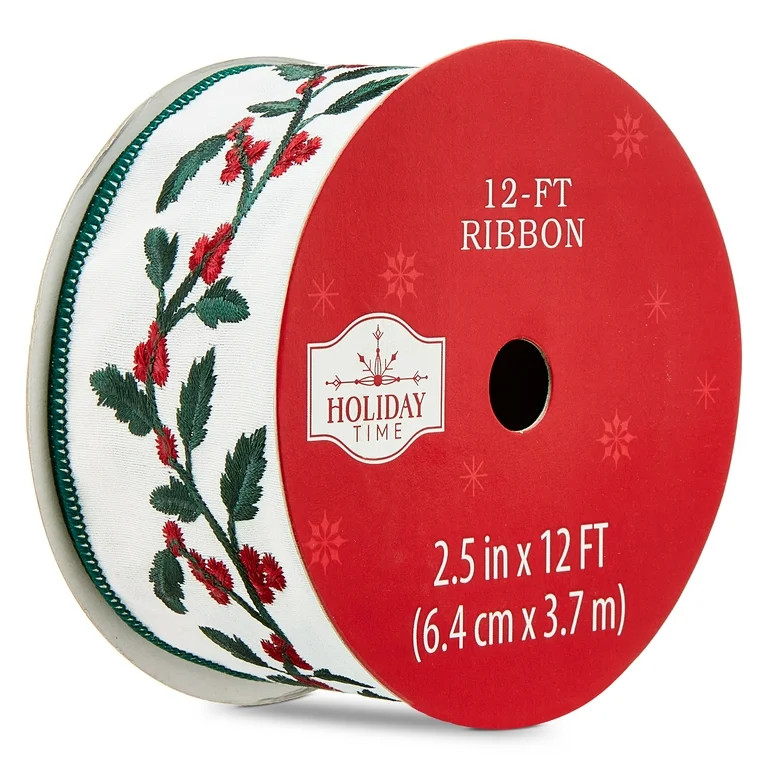 Holly Berry Christmas Ribbon, Red/Green/White, 2.5" x 12', by Holiday Time - Walmart.com | Walmart (US)