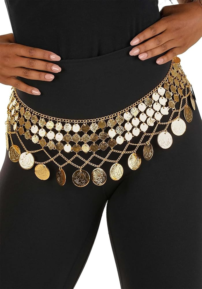 Belly Dancer Costume Coin Belt for Adults - Adjustable Gold Tone Chain with Embossed Coins | Amazon (US)
