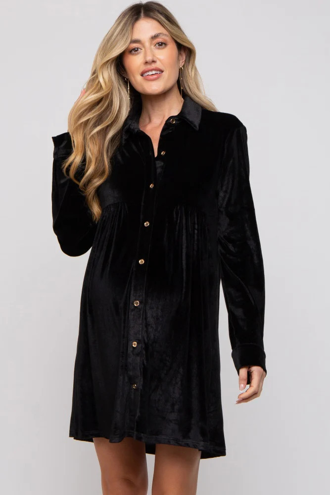 Black Velvet Button Down Maternity Dress | PinkBlush Maternity