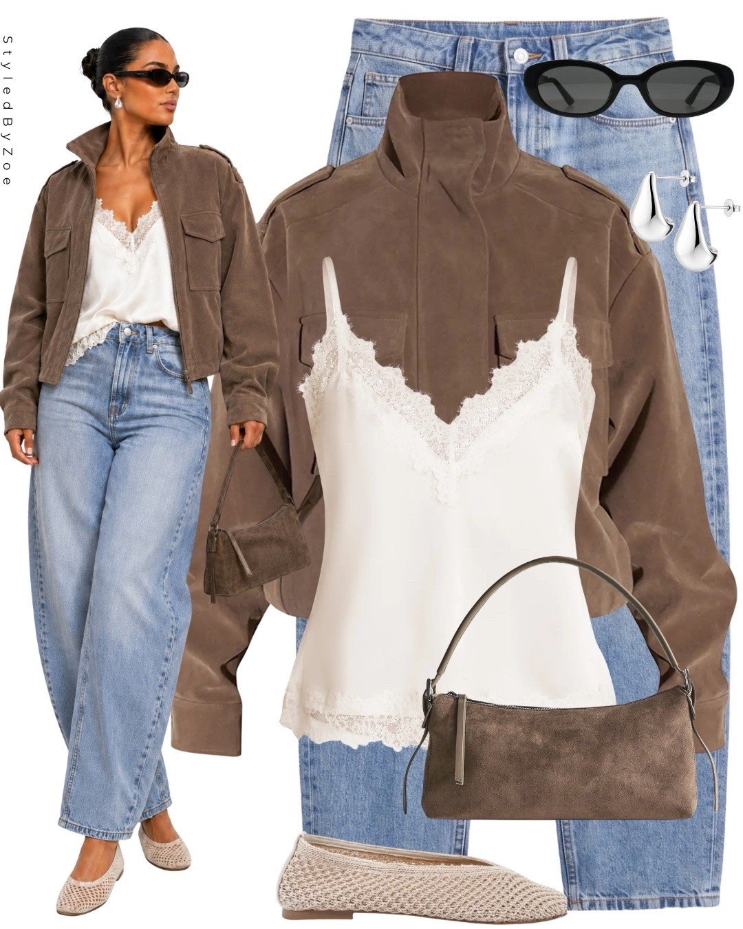 An easy transitional outfit for that not quite autumn yet weather 🤎🍂 Light wash denim + a lace cami keeps it soft and feminine, while the brown suede jacket instantly gives it that autumn feel and adds some edge! Finished with neutral woven flats, a slouchy shoulder bag & black sunnies for an effortless everyday look🤍

#AutumnOutfit #TransitionalStyle #SuedeJacket #DenimOutfit #AutumnStyle #NeutralOutfit #EverydayStyle #LTKStyle #FallFashion #OutfitInspo

#LTKuk #LTKautumn #LTKjeans