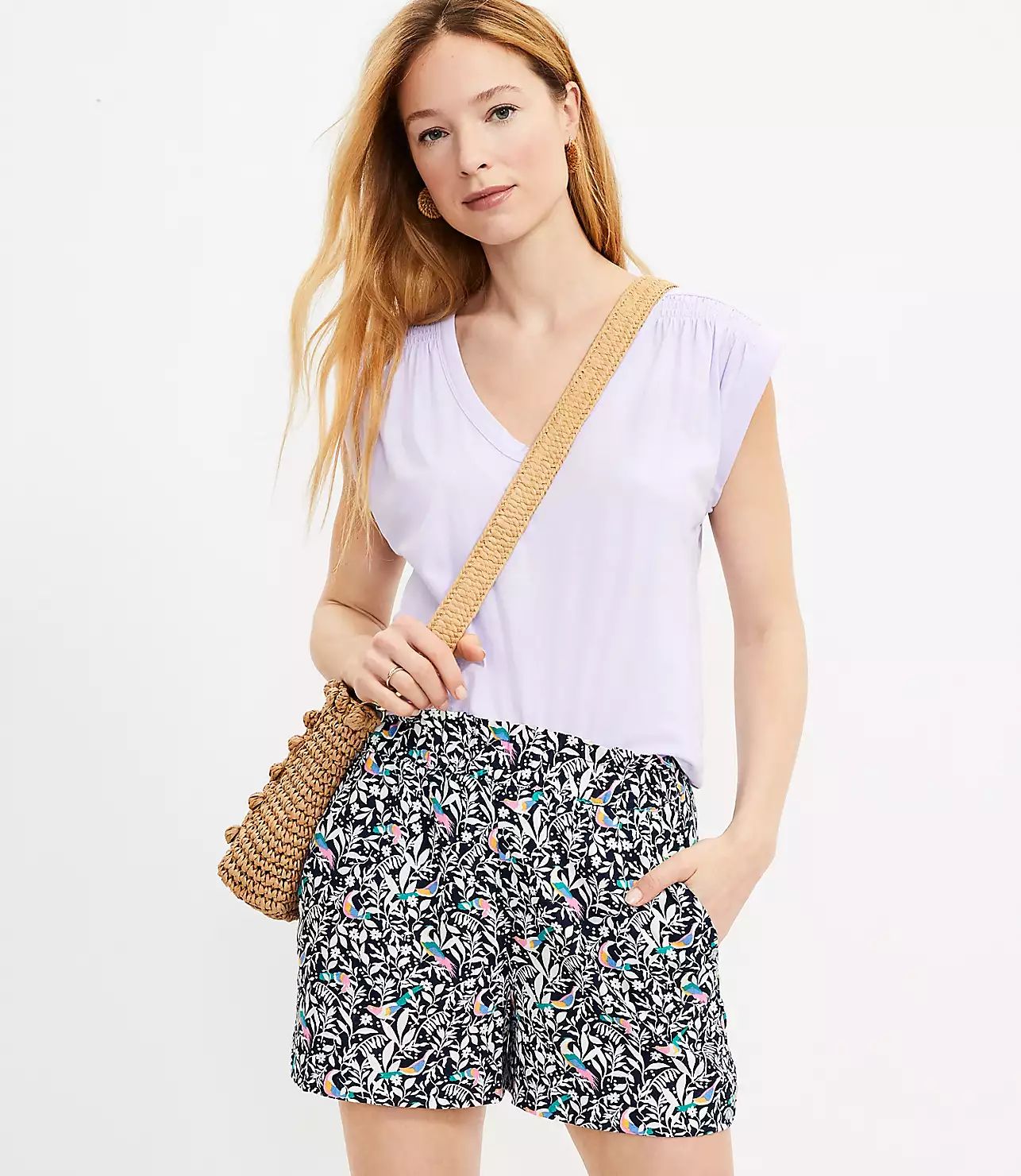 Fluid Pull On Shorts in Bird Print | LOFT