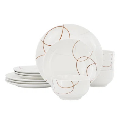 Porcelain Dinnerware Set For 4, White Plates And Bowls With Modern Abstract Design, 12 Piece Microwave And Dishwasher Safe Dish Set | Wayfair North America
