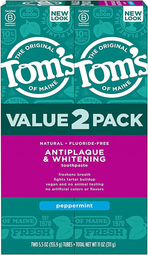 Tom's of Maine Fluoride-Free Antiplaque & Whitening Natural Toothpaste, Peppermint, 5.5 oz. 2-Pac... | Amazon (US)