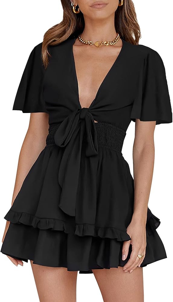 AIMCOO Women's Long Puff Sleeves Knot Front Short Dress Smocked Waist Solid Ruffle Mini Dresses V... | Amazon (US)