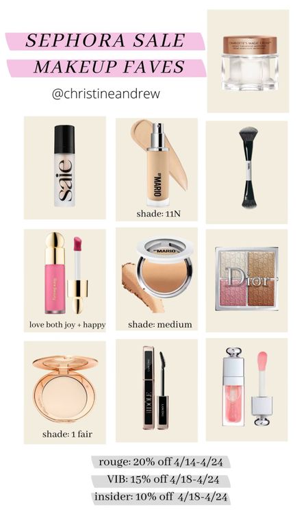 Sephora sale makeup favorites 💖 most of my all time favorite makeup products are on sale now at Sephora! 20% off with code SAVENOW for Rouge members starting today! The sale opens up on 4/18 for VIB & Insider members - so you can fill up your cart and check out then 🫶🏼

Sephora sale; Sephora rouge; makeup favorites; Dior lip oil; makeup my Mario foundation; rare beauty blush; Charlotte tilbury setting powder; lancome mascara; Christine Andrew 

#LTKbeauty #LTKsalealert #LTKBeautySale