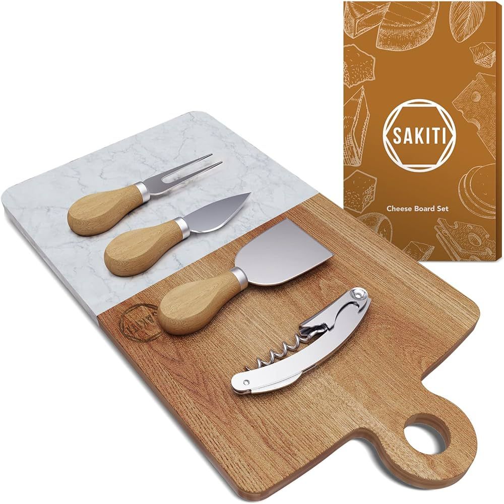 Sakiti Marble Cheese Board Set - w/ 3 Cheese Utensils and Wine Bottle Opener - Acacia Wood and Ma... | Amazon (US)