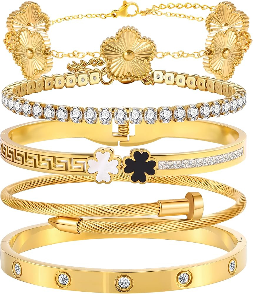 5pcs Gold Stackable Bracelet Set for Women - Stainless Steel Non-Tarnish Clover Lucky Charm Jewel... | Amazon (US)