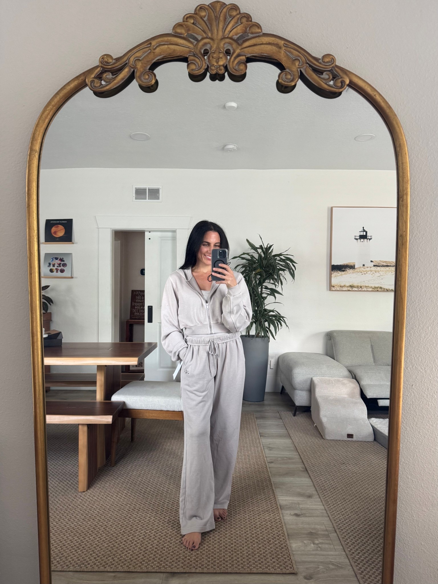 Alo lounge set: sweatpants and cropped hoodie  Grey Sky Wash. Size small in everything (I could have done an XS, but I prefer an oversized look). 

#LTKSaleAlert