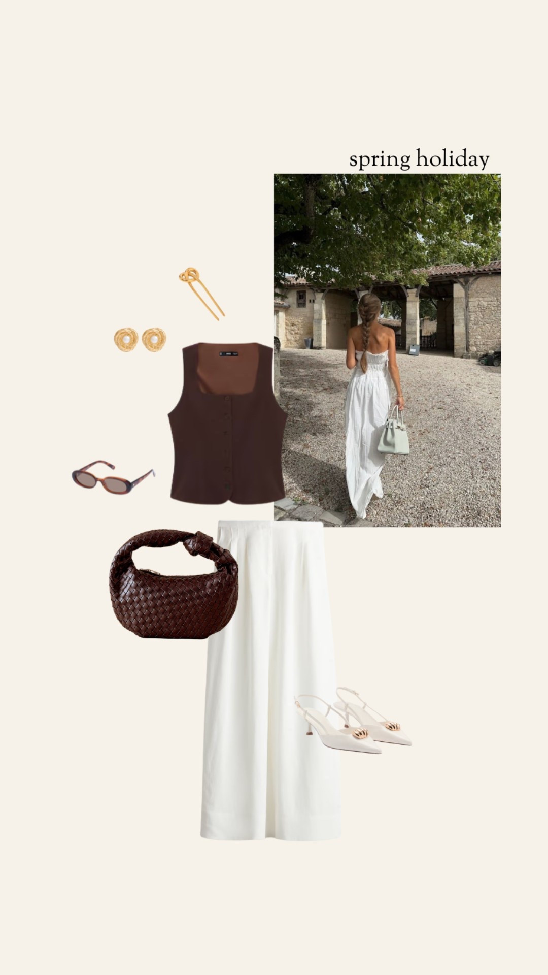 Spring holiday outfit idea: white linen trouser, brown waistcoat, white heels, brown bag 

#LTKstyletip #LTKspring #LTKsummer