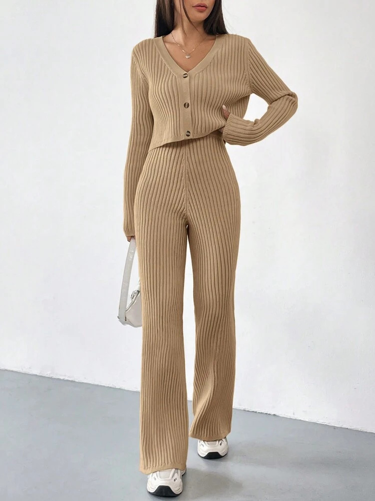 SHEIN EZwear Autumn And Winter 2pcs/Set Women V-Neck Button Decor Contrast Color Long Sleeve Top And Knitted Long Pants Sweater Suit Knitted Two Piece Outfitknitted Co Ord Setwinter Two Piece Setbrown Two Piece Set | SHEIN