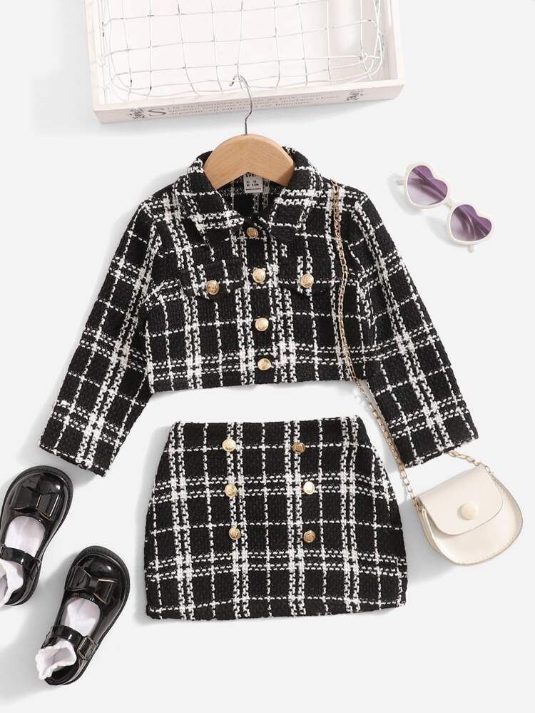 SHEIN Baby Plaid Tweed Jacket & Skirt | SHEIN