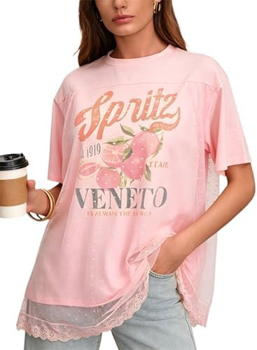 CSDAJIO Trendy Crew Neck Oversized T Shirts for Women Short Sleeve Loose Graphic Tee Summer Lace ... | Amazon (US)