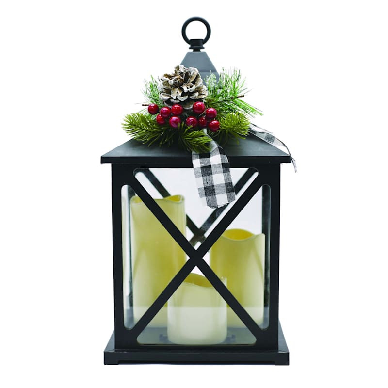 Homespun Holiday LED Black Lantern with Greenery, 12.8" | At Home
