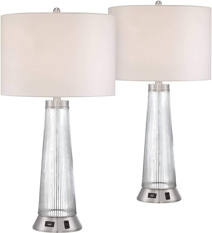 Hamish Modern Contemporary Table Lamps 28" Tall Set of 2 with USB and AC Power Outlet Ribbed Glas... | Amazon (US)