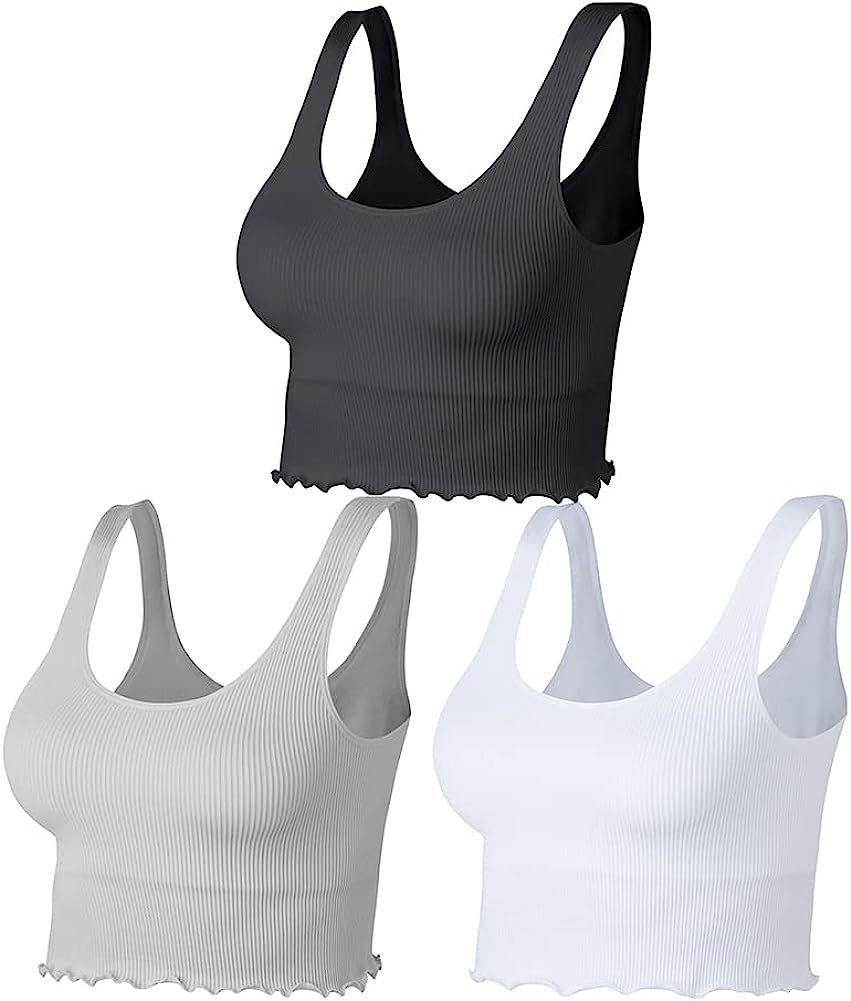 Lemef Ribbed Workout Crop Tops for Women Seamless Longline Sports Bras Yoga Tank Tops 3 Pack No P... | Amazon (US)