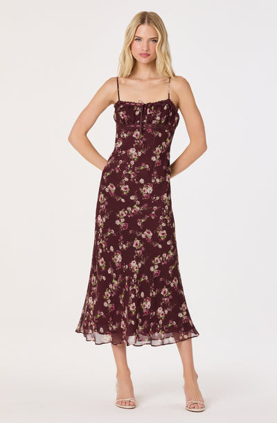 Abriana Chiffon Ruched Midi Dress - Wine floral / XS | ASTR The Label (US)