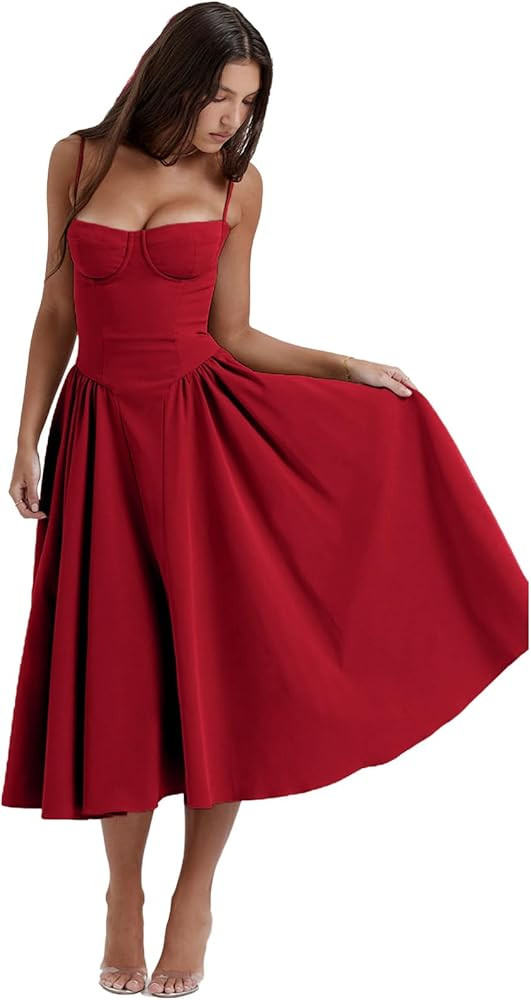 Sleeveless Corset Fit Midi Dress Spaghetti Strap Sundress Solid Color Print Bustier High Waist A ... | Amazon (UK)