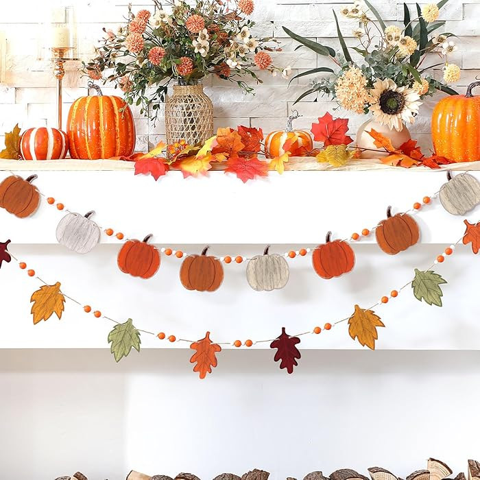 Chunful 2 Pcs Wood Fall Garland 6.56 ft Rustic Pumpkin Garland Banner Farmhouse Fall Decorations ... | Amazon (US)