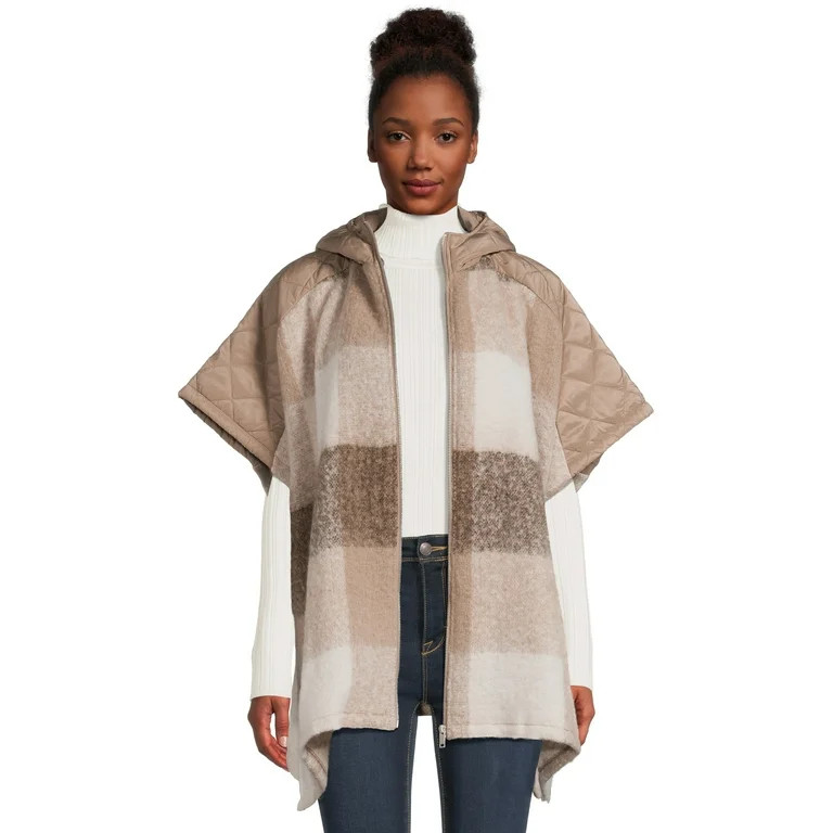 Time and Tru Women’s Plaid Zip Poncho with Hood, Sizes S/M-L-XL | Walmart (US)